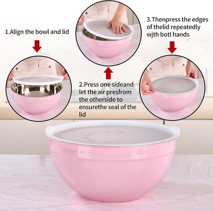 Pink Mixing Bowls with Lids Set of 7, Stainless Steel Nesting Bowl with Khaki Lid for Non-slip Mixing Prepping Storing Serving, 7 Sizes-7/3.6/2.7/2.1/1.5/1/0.8 QT