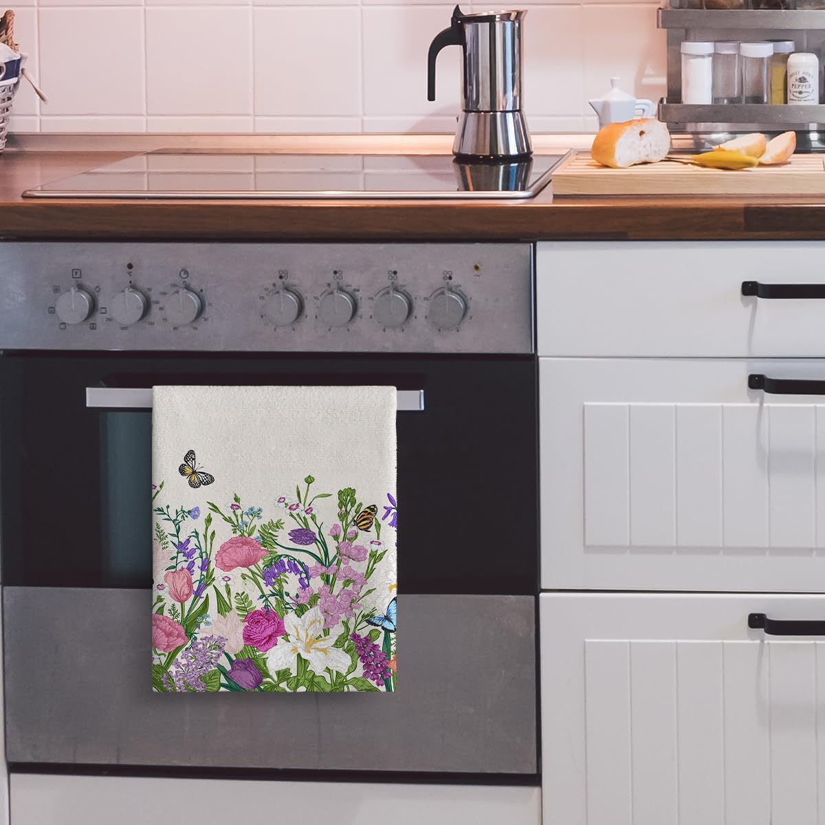 Pink Flowers Decorative Kitchen Towels Butterfly Floral Dish Towels