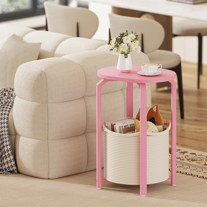 TUTOTAK Oval End Table with Woven Storage Basket, Pink Small Side Table for Living Room, Bedroom, TB01BP093