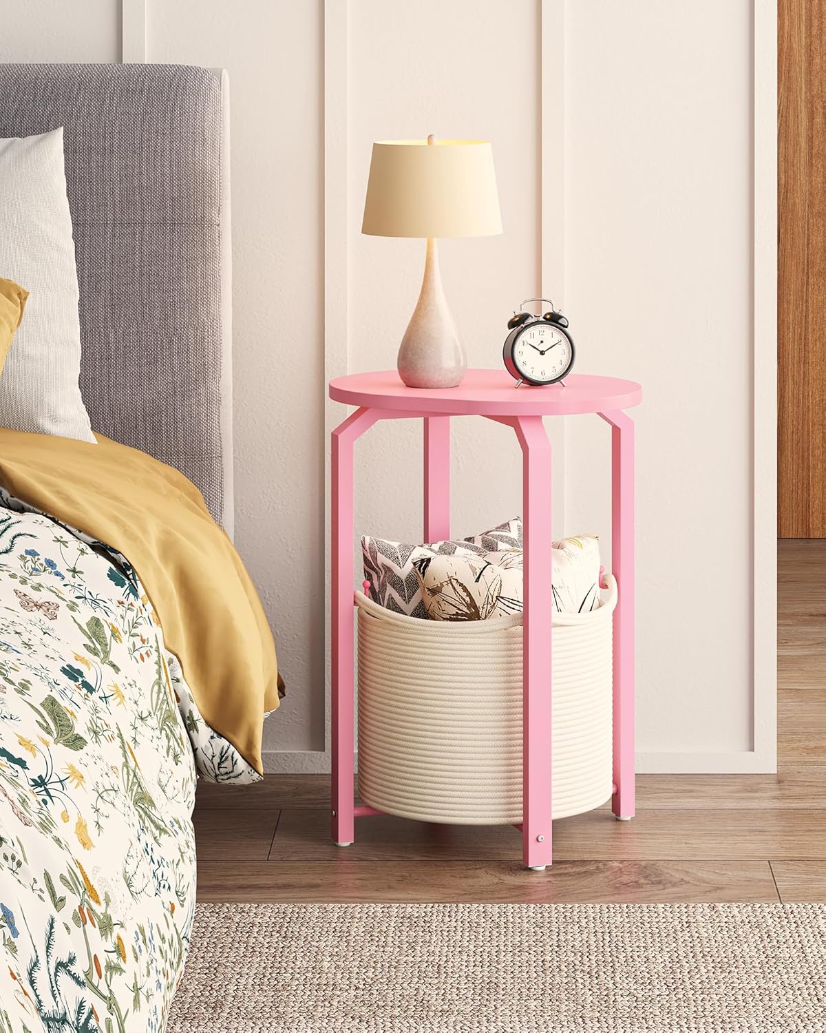 TUTOTAK Oval End Table with Woven Storage Basket, Pink Small Side Table for Living Room, Bedroom, TB01BP093