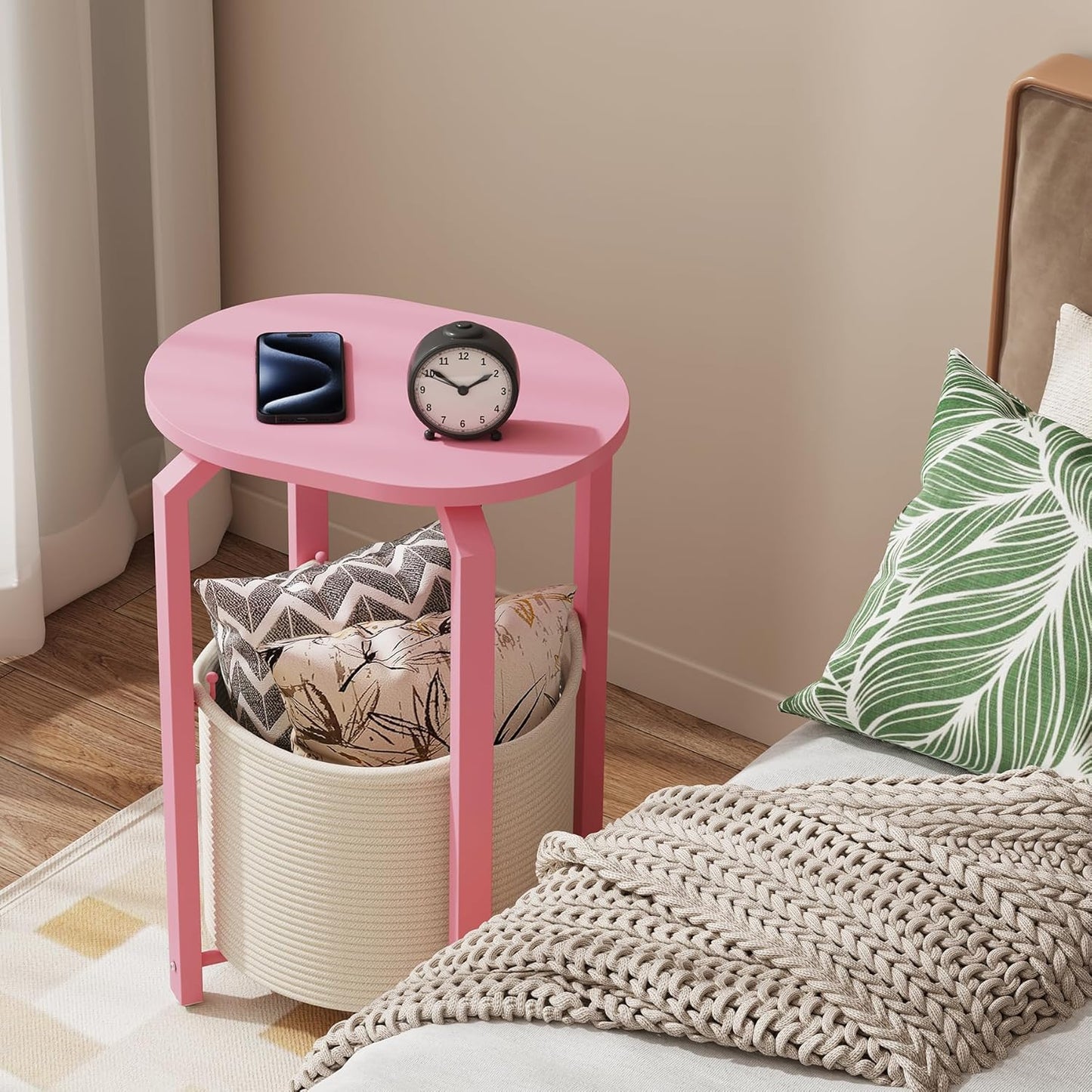 TUTOTAK Oval End Table with Woven Storage Basket, Pink Small Side Table for Living Room, Bedroom, TB01BP093