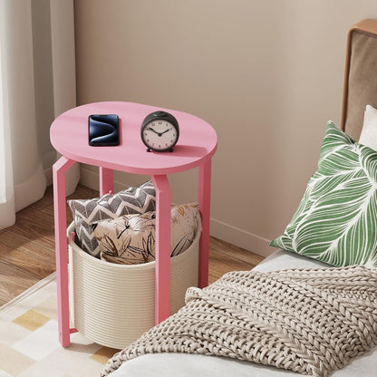 TUTOTAK Oval End Table with Woven Storage Basket, Pink Small Side Table for Living Room, Bedroom, TB01BP093