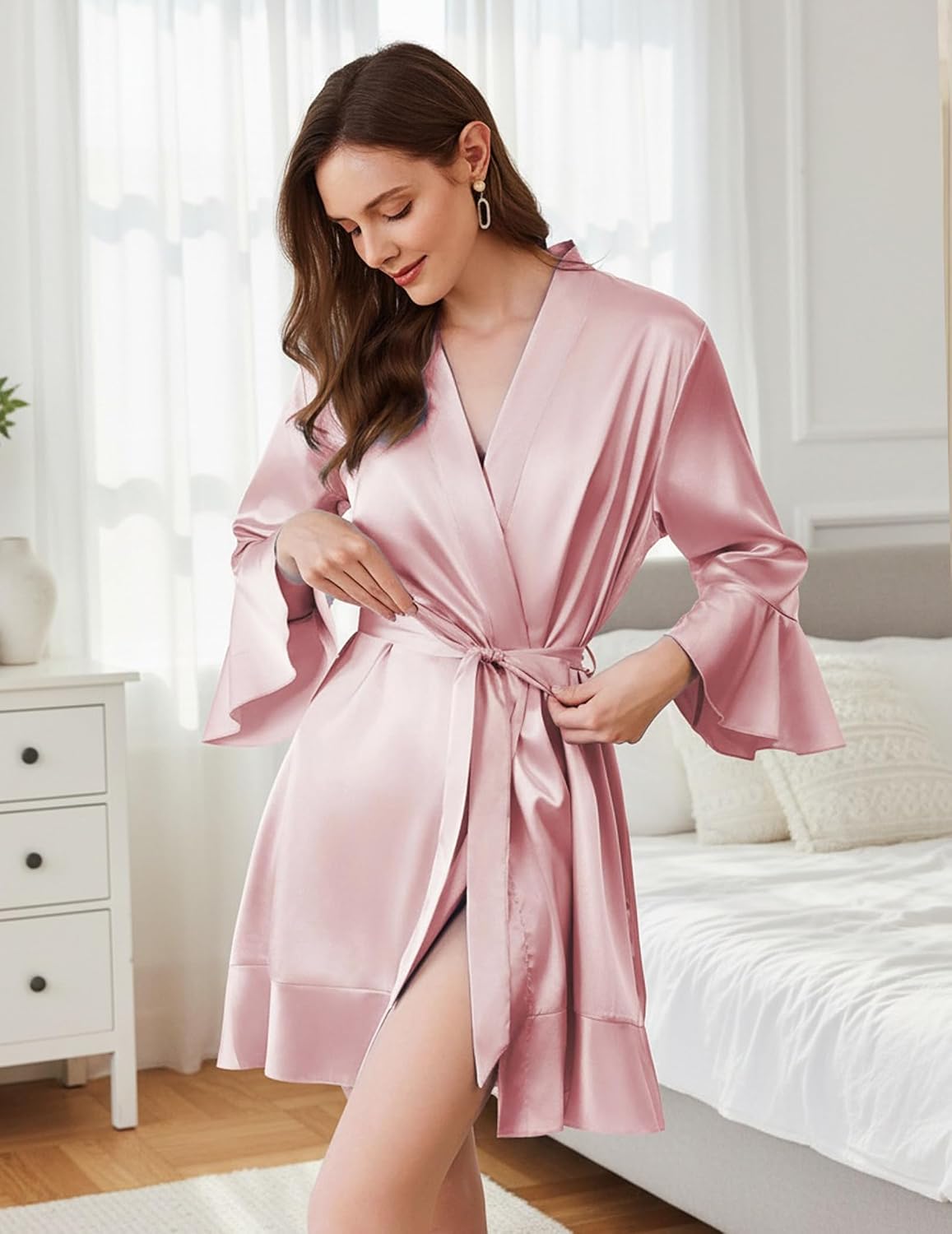 Women's Satin Robe Short Ruffle Hem Silky Kimono Brides Bathrobes