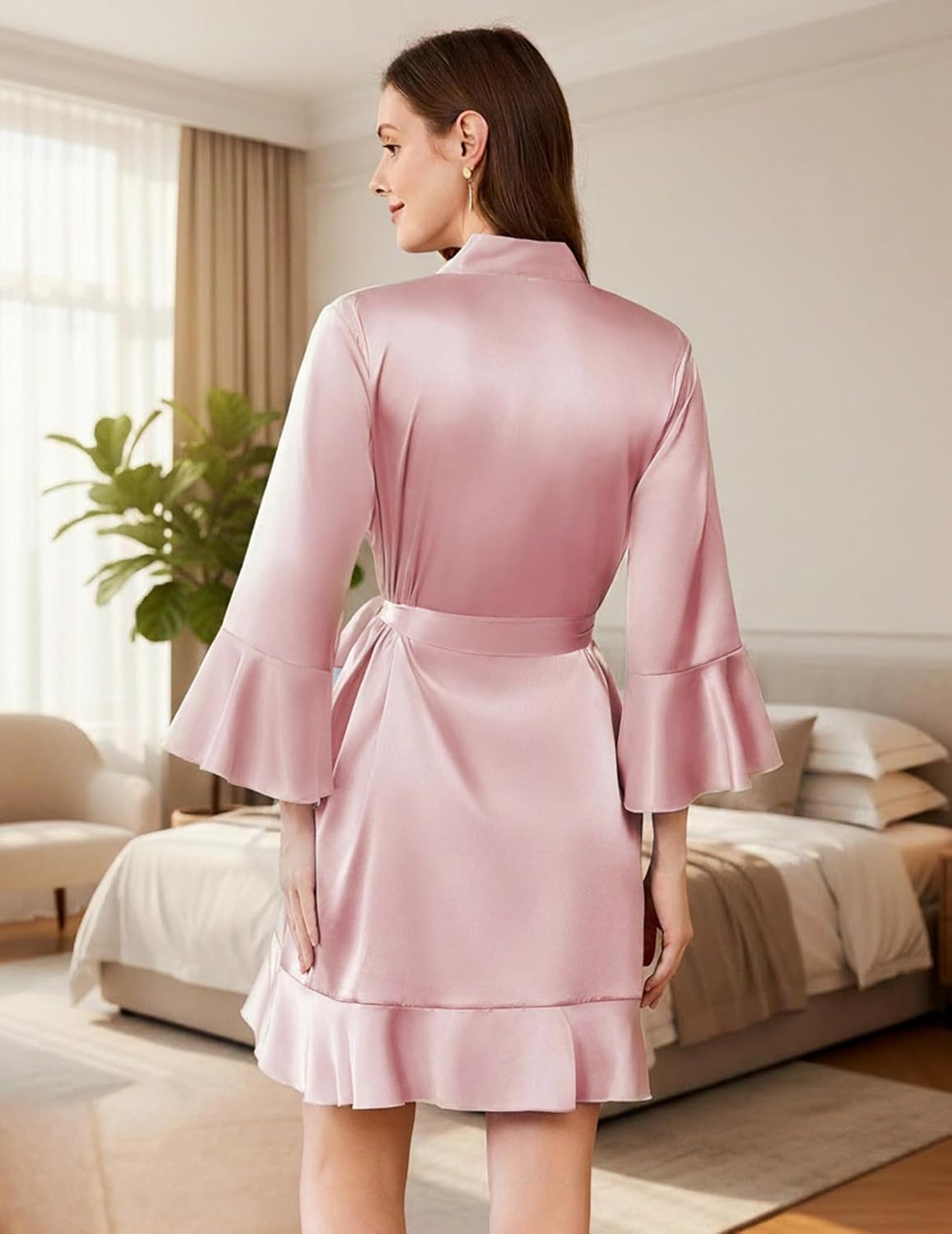 Women's Satin Robe Short Ruffle Hem Silky Kimono Brides Bathrobes