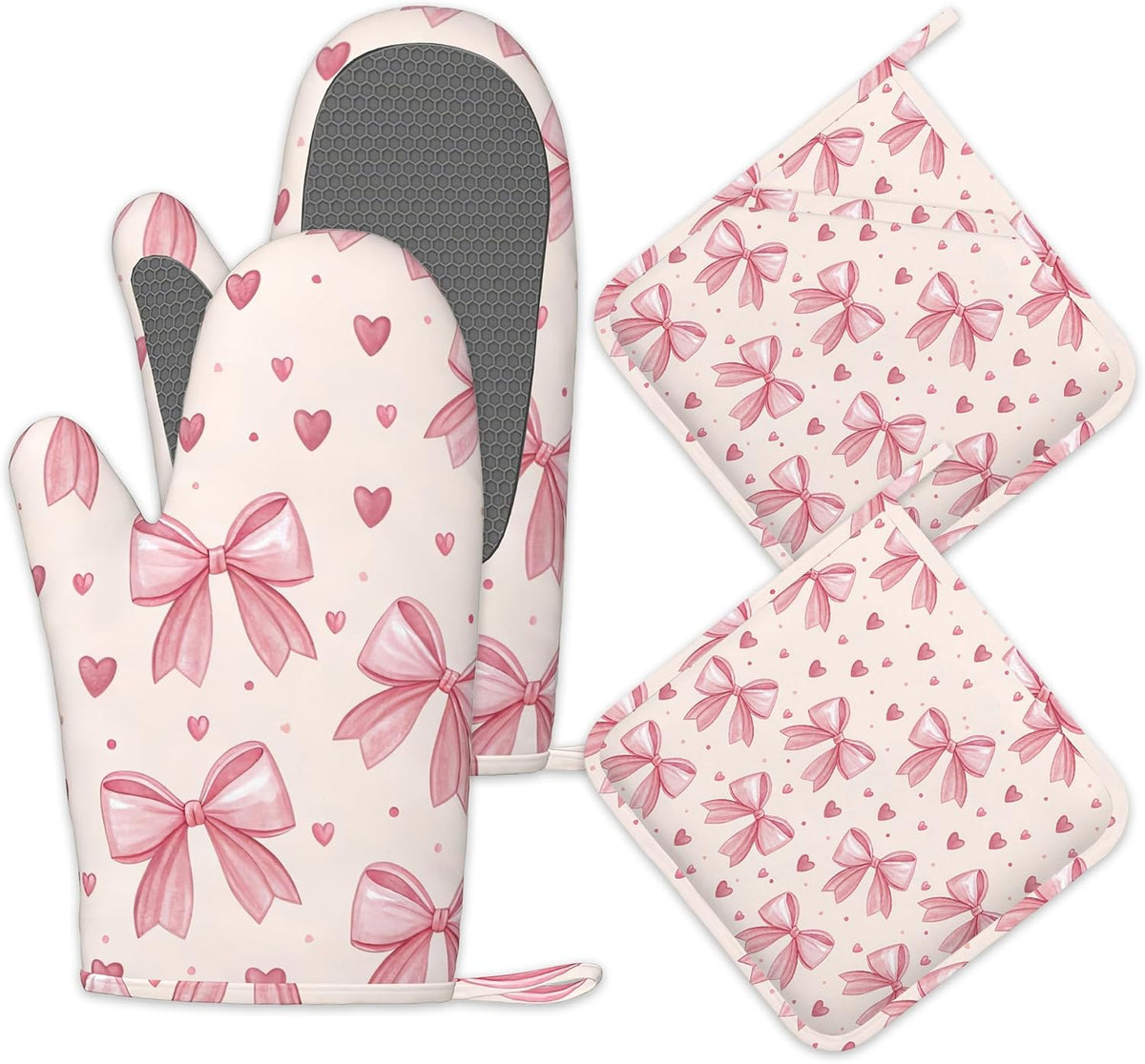 Oven Mitts and Pot Holders Pink Bows Hearts Silicone Kitchen Accessories Set of 4 Heat Resistant Gloves Potholder Non-Slip Grip for Chef Cooking Baking Grilling BBQ