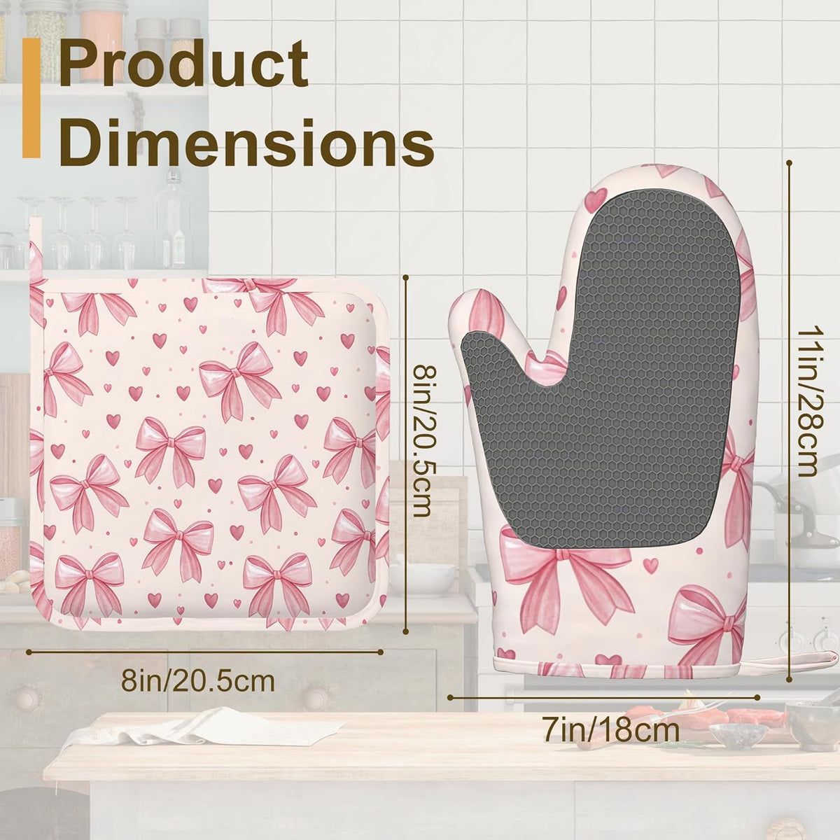 Oven Mitts and Pot Holders Pink Bows Hearts Silicone Kitchen Accessories Set of 4 Heat Resistant Gloves Potholder Non-Slip Grip for Chef Cooking Baking Grilling BBQ