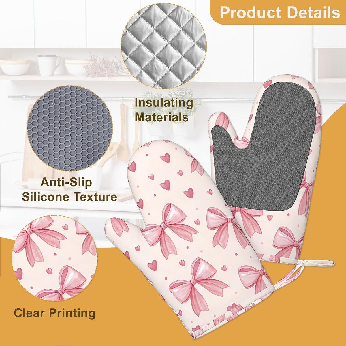 Oven Mitts and Pot Holders Pink Bows Hearts Silicone Kitchen Accessories Set of 4 Heat Resistant Gloves Potholder Non-Slip Grip for Chef Cooking Baking Grilling BBQ