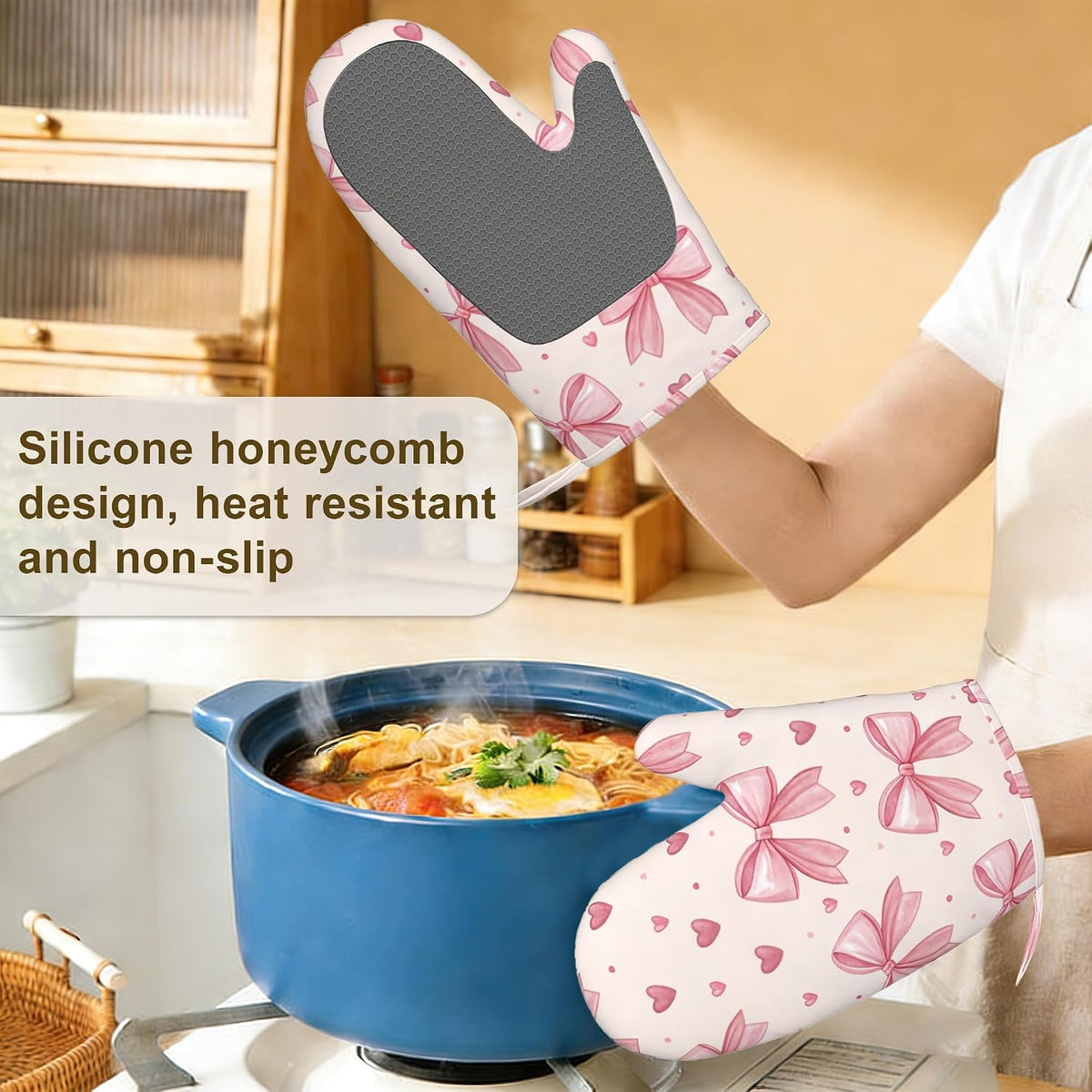 Oven Mitts and Pot Holders Pink Bows Hearts Silicone Kitchen Accessories Set of 4 Heat Resistant Gloves Potholder Non-Slip Grip for Chef Cooking Baking Grilling BBQ