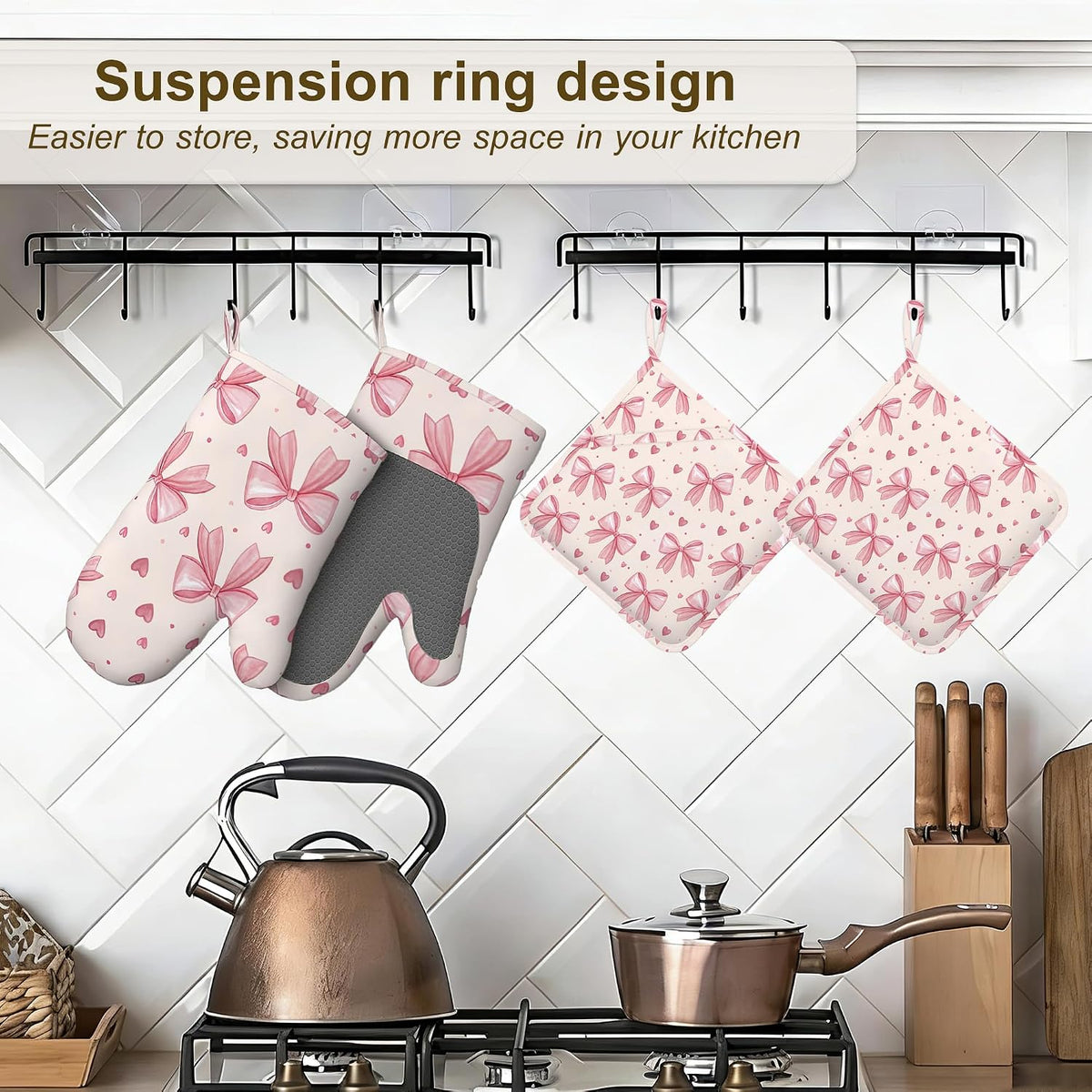 Oven Mitts and Pot Holders Pink Bows Hearts Silicone Kitchen Accessories Set of 4 Heat Resistant Gloves Potholder Non-Slip Grip for Chef Cooking Baking Grilling BBQ