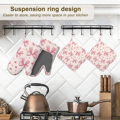 Oven Mitts and Pot Holders Pink Bows Hearts Silicone Kitchen Accessories Set of 4 Heat Resistant Gloves Potholder Non-Slip Grip for Chef Cooking Baking Grilling BBQ