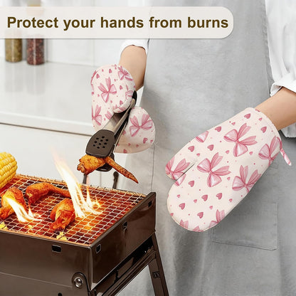 Oven Mitts and Pot Holders Pink Bows Hearts Silicone Kitchen Accessories Set of 4 Heat Resistant Gloves Potholder Non-Slip Grip for Chef Cooking Baking Grilling BBQ