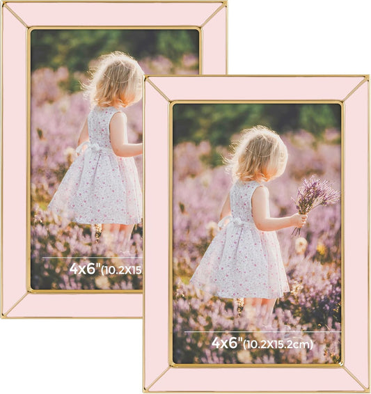 2 Pack 4x6 Pink Enamel Picture Frame, Gold Metal Edge