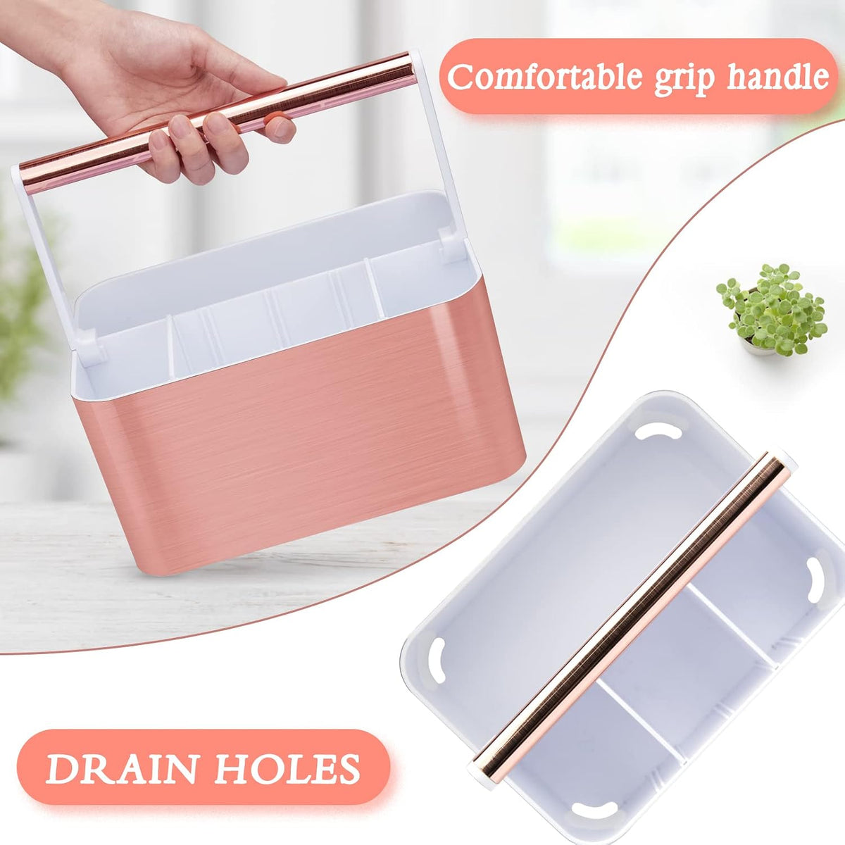 BYUNER Compact Shower Caddy Dorm - Portable Bathroom Caddy Organizer with Handle and Adjustable Divider for College Dorm & Shared Bathroom, Hard Plastic Shower Basket Tote for Toiletry Drainage, Pink