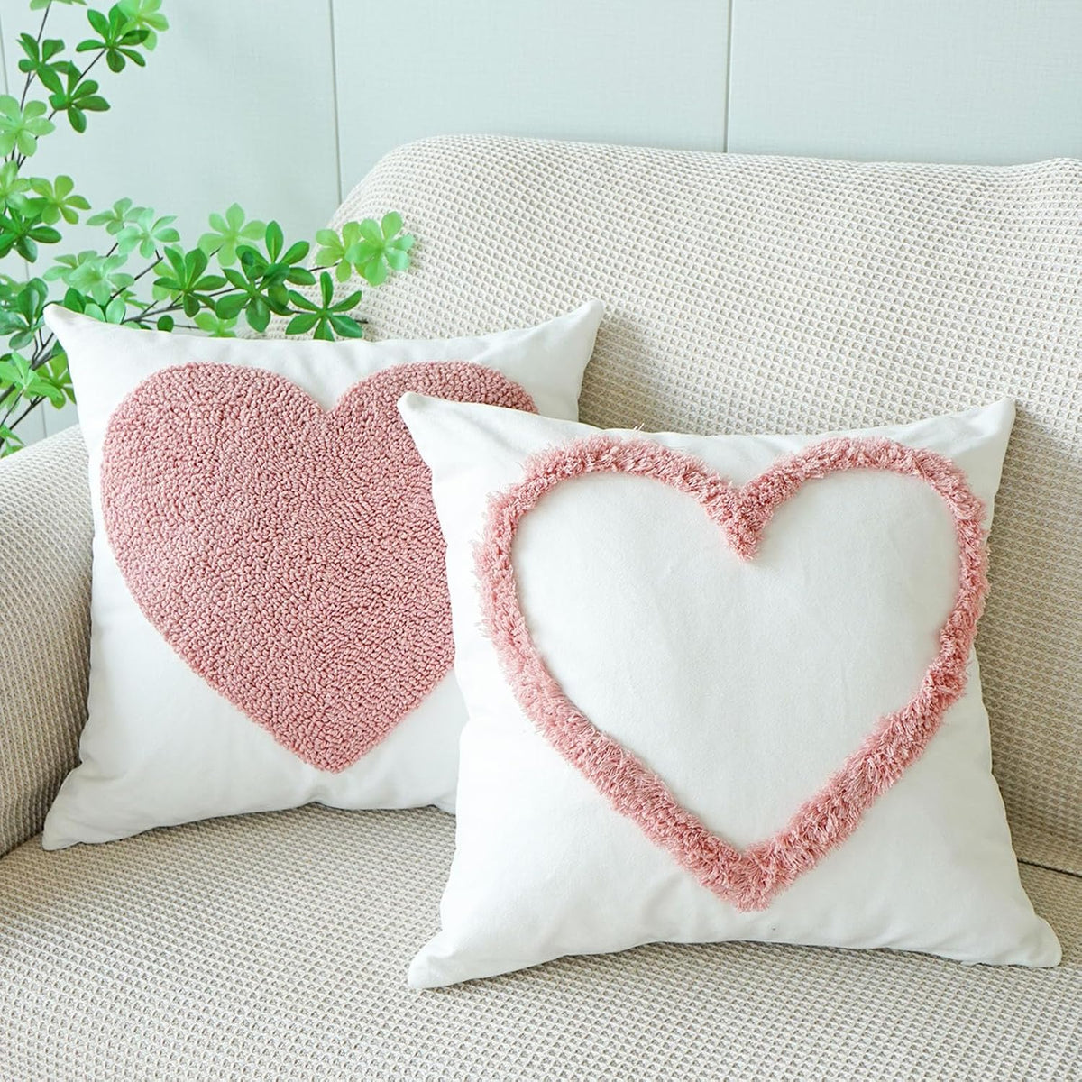 Pack of 2 Pink Love Heart Decorative Throw Pillow Covers, 3D Embroidered Romantic Valentines Day Decorations, Soft Cotton Aesthetic Pillow Covers for Bed Sofa Couch (Pink,18"x18")