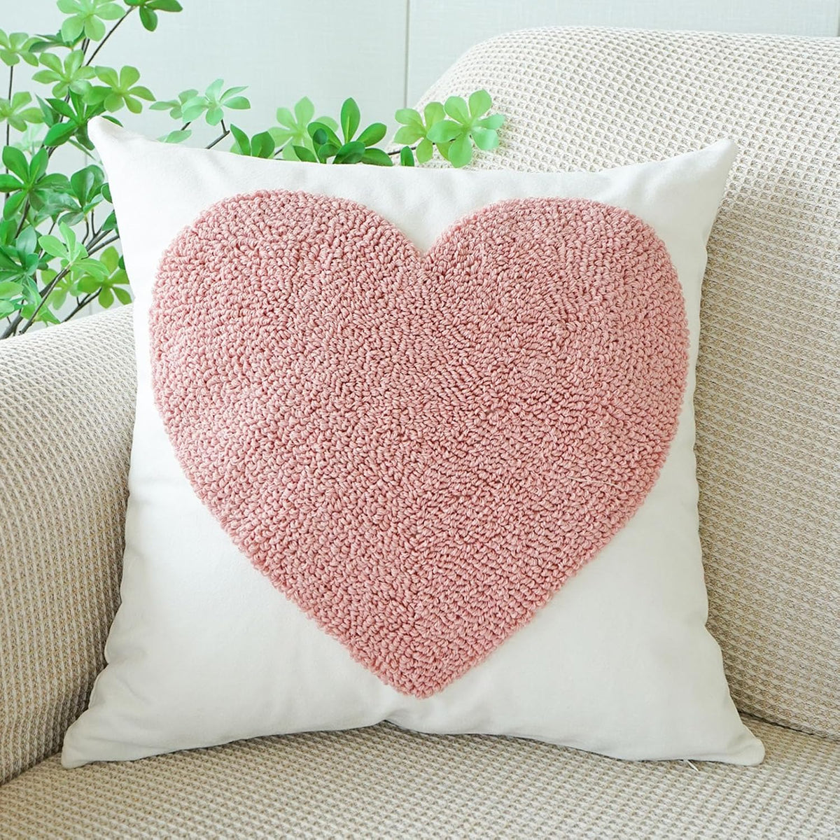 Pack of 2 Pink Love Heart Decorative Throw Pillow Covers, 3D Embroidered Romantic Valentines Day Decorations, Soft Cotton Aesthetic Pillow Covers for Bed Sofa Couch (Pink,18"x18")