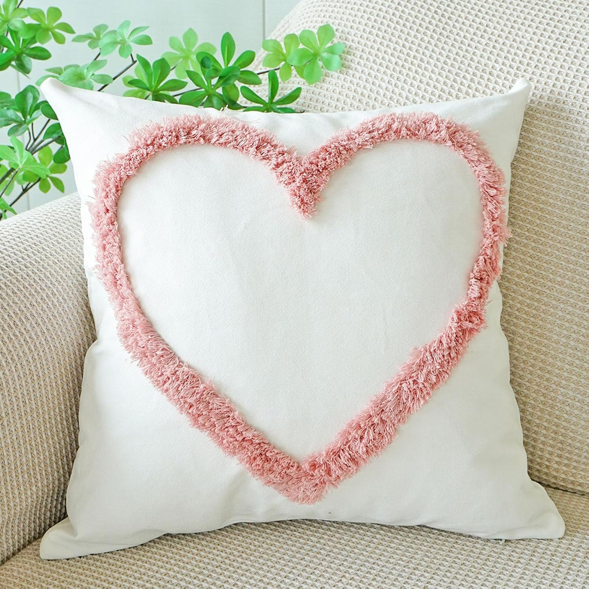 Pack of 2 Pink Love Heart Decorative Throw Pillow Covers, 3D Embroidered Romantic Valentines Day Decorations, Soft Cotton Aesthetic Pillow Covers for Bed Sofa Couch (Pink,18"x18")