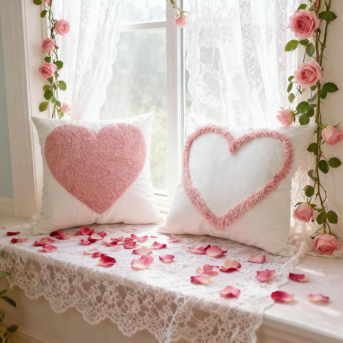 Pack of 2 Pink Love Heart Decorative Throw Pillow Covers, 3D Embroidered Romantic Valentines Day Decorations, Soft Cotton Aesthetic Pillow Covers for Bed Sofa Couch (Pink,18"x18")