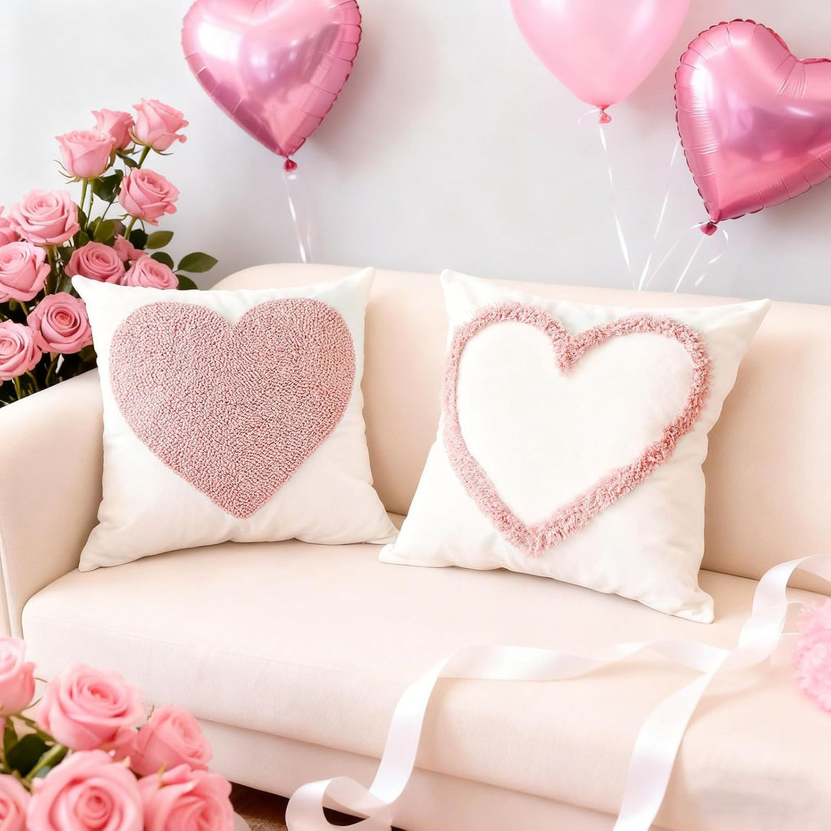 Pack of 2 Pink Love Heart Decorative Throw Pillow Covers, 3D Embroidered Romantic Valentines Day Decorations, Soft Cotton Aesthetic Pillow Covers for Bed Sofa Couch (Pink,18"x18")