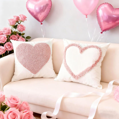 Pack of 2 Pink Love Heart Decorative Throw Pillow Covers, 3D Embroidered Romantic Valentines Day Decorations, Soft Cotton Aesthetic Pillow Covers for Bed Sofa Couch (Pink,18"x18")