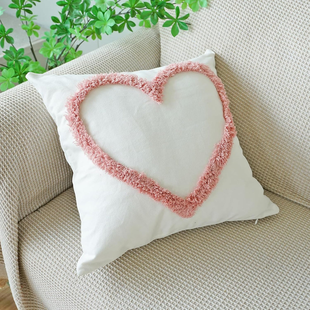 Pack of 2 Pink Love Heart Decorative Throw Pillow Covers, 3D Embroidered Romantic Valentines Day Decorations, Soft Cotton Aesthetic Pillow Covers for Bed Sofa Couch (Pink,18"x18")