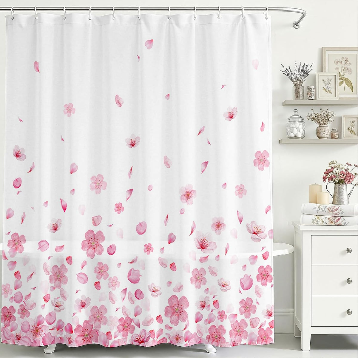 Pink Floral Shower Curtain Pink Petal Spring Cherry Blossom Bathroom Shower Curtain Flower Waterproof Fabric Shower Curtains Bathtub Decor with 12 Hooks 72 X 72 Inch (Pink)