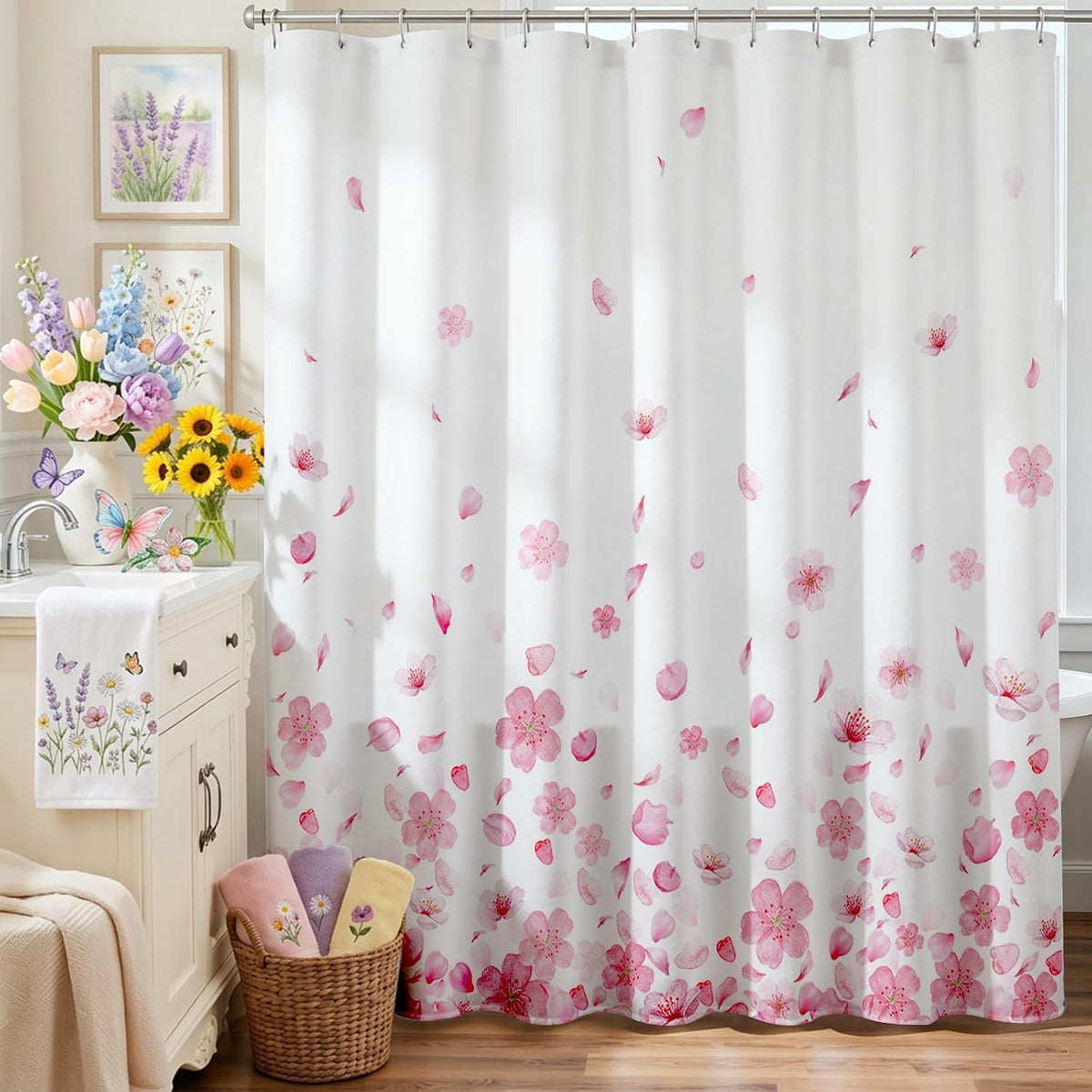 Pink Floral Shower Curtain Pink Petal Spring Cherry Blossom Bathroom Shower Curtain Flower Waterproof Fabric Shower Curtains Bathtub Decor with 12 Hooks 72 X 72 Inch (Pink)