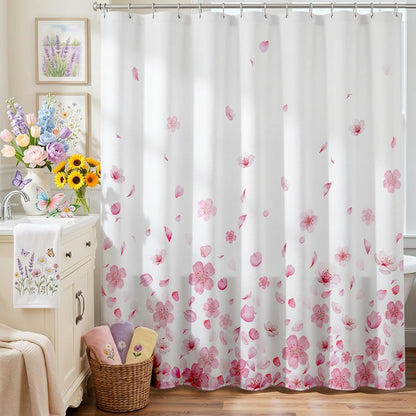 Pink Floral Shower Curtain Pink Petal Spring Cherry Blossom Bathroom Shower Curtain Flower Waterproof Fabric Shower Curtains Bathtub Decor with 12 Hooks 72 X 72 Inch (Pink)