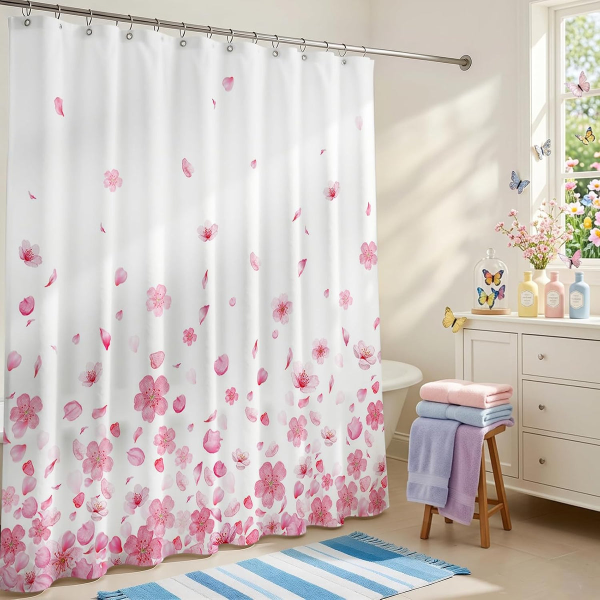 Pink Floral Shower Curtain Pink Petal Spring Cherry Blossom Bathroom Shower Curtain Flower Waterproof Fabric Shower Curtains Bathtub Decor with 12 Hooks 72 X 72 Inch (Pink)