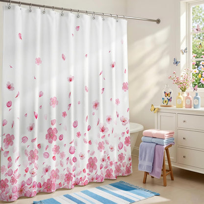 Pink Floral Shower Curtain Pink Petal Spring Cherry Blossom Bathroom Shower Curtain Flower Waterproof Fabric Shower Curtains Bathtub Decor with 12 Hooks 72 X 72 Inch (Pink)