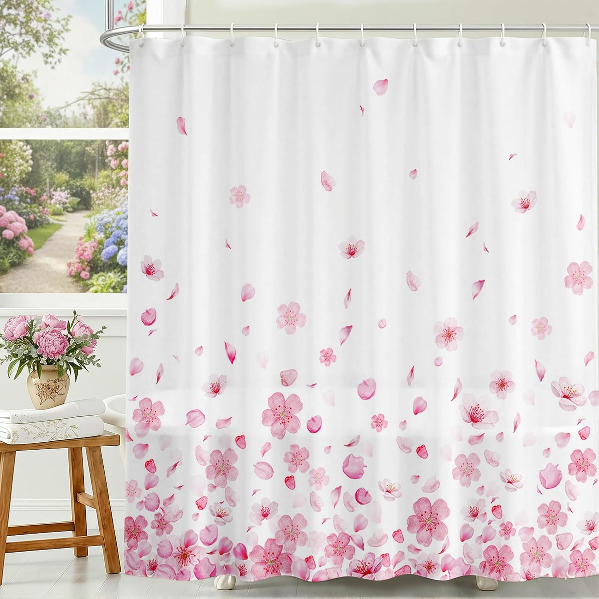 Pink Floral Shower Curtain Pink Petal Spring Cherry Blossom Bathroom Shower Curtain Flower Waterproof Fabric Shower Curtains Bathtub Decor with 12 Hooks 72 X 72 Inch (Pink)