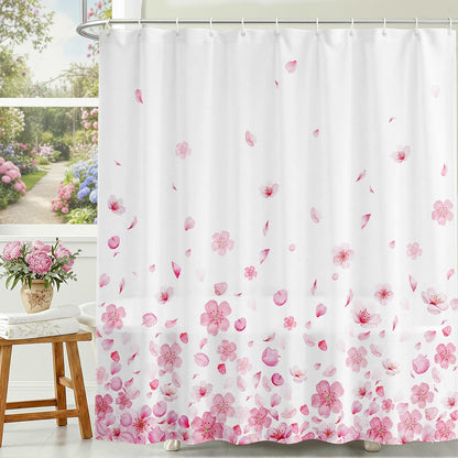 Pink Floral Shower Curtain Pink Petal Spring Cherry Blossom Bathroom Shower Curtain Flower Waterproof Fabric Shower Curtains Bathtub Decor with 12 Hooks 72 X 72 Inch (Pink)