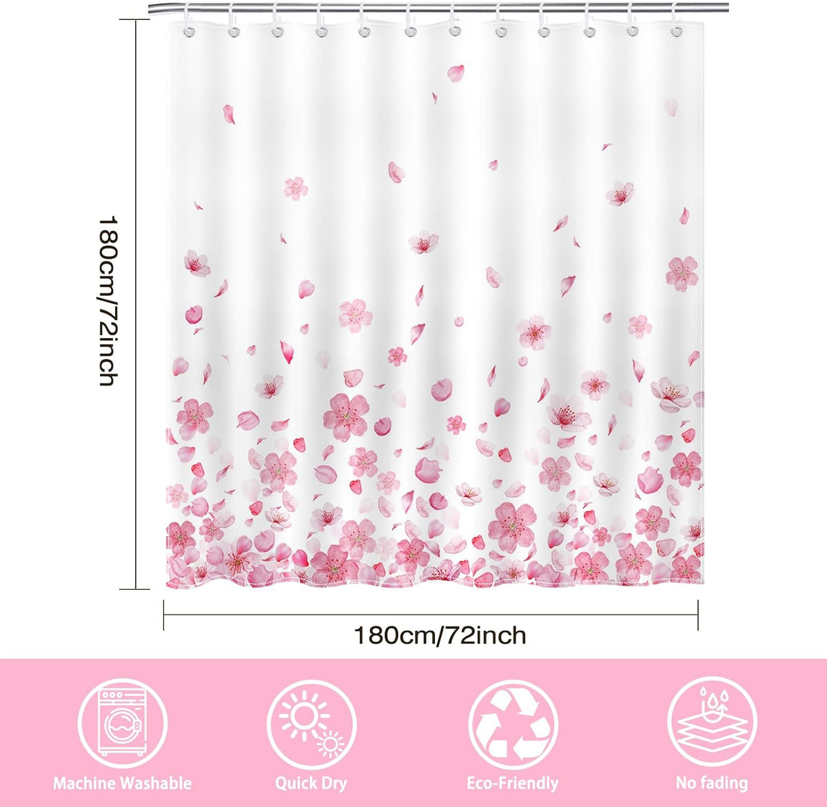 Pink Floral Shower Curtain Pink Petal Spring Cherry Blossom Bathroom Shower Curtain Flower Waterproof Fabric Shower Curtains Bathtub Decor with 12 Hooks 72 X 72 Inch (Pink)