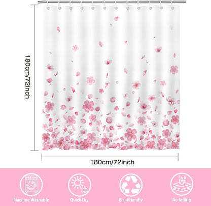 Pink Floral Shower Curtain Pink Petal Spring Cherry Blossom Bathroom Shower Curtain Flower Waterproof Fabric Shower Curtains Bathtub Decor with 12 Hooks 72 X 72 Inch (Pink)