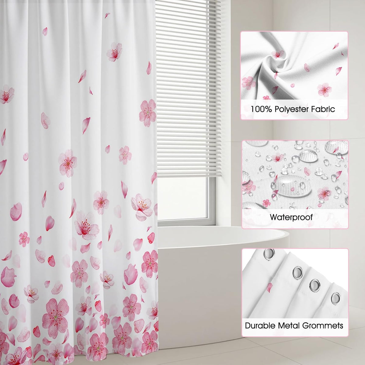 Pink Floral Shower Curtain Pink Petal Spring Cherry Blossom Bathroom Shower Curtain Flower Waterproof Fabric Shower Curtains Bathtub Decor with 12 Hooks 72 X 72 Inch (Pink)