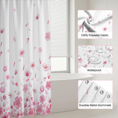 Pink Floral Shower Curtain Pink Petal Spring Cherry Blossom Bathroom Shower Curtain Flower Waterproof Fabric Shower Curtains Bathtub Decor with 12 Hooks 72 X 72 Inch (Pink)