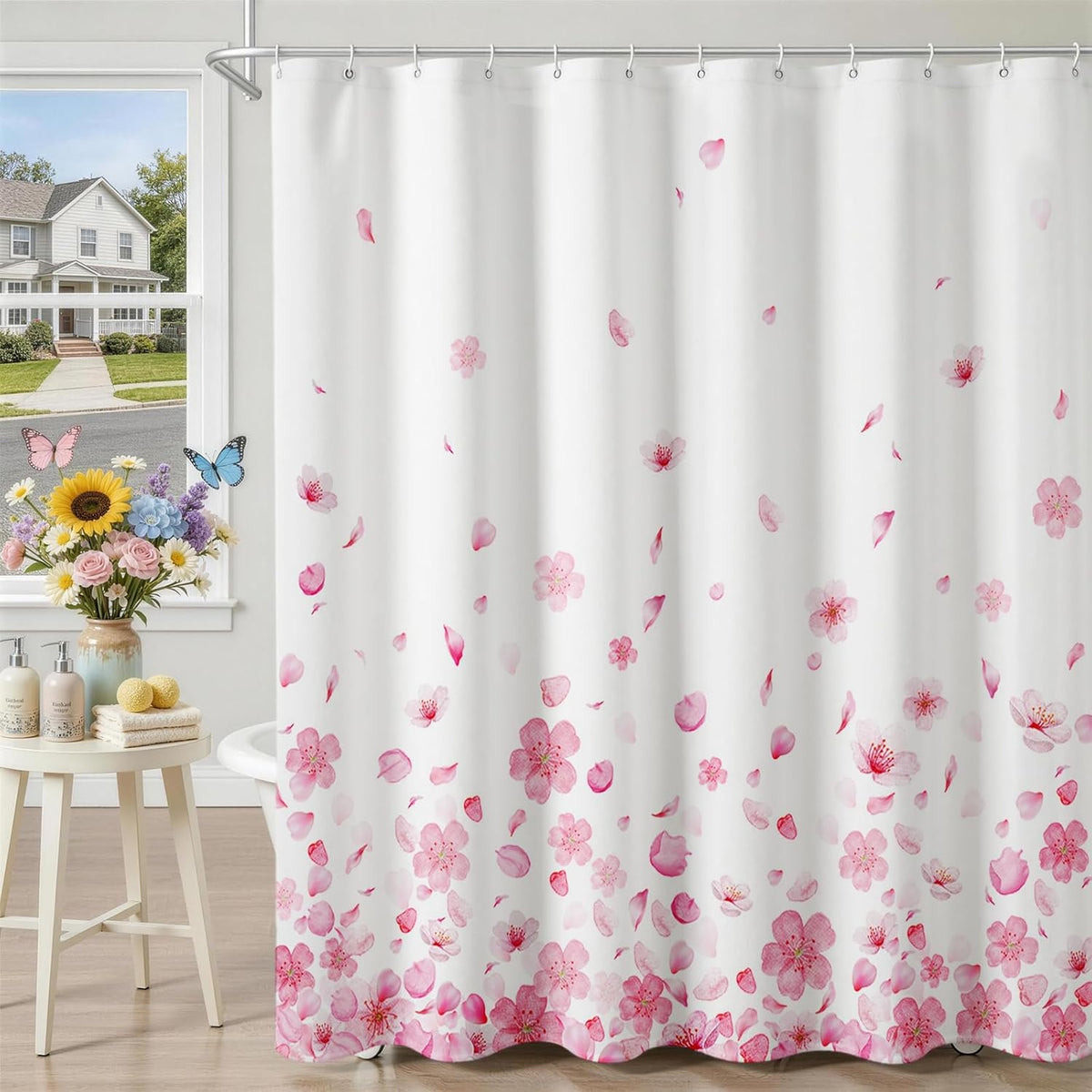 Pink Floral Shower Curtain Pink Petal Spring Cherry Blossom Bathroom Shower Curtain Flower Waterproof Fabric Shower Curtains Bathtub Decor with 12 Hooks 72 X 72 Inch (Pink)