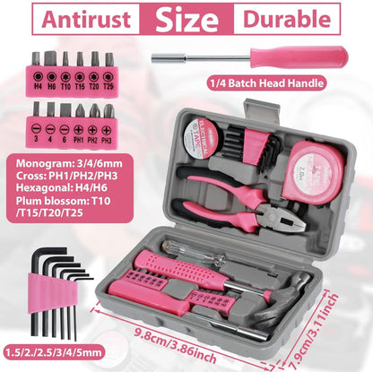 24-Piece Pink Household DIY Tool Kit for Women – Compact Mini Tool Box Set with Essential Starter Tools for Home Projects