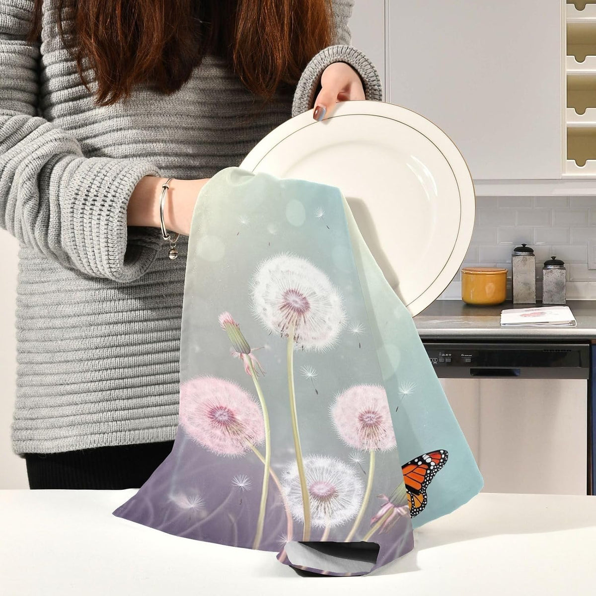 Pink Dish Towels for Kitchen Decorative Pastel Pink Flower Floral Tea Towel Cute for Drying Dishes Absorbent Soft 18 x 28 Inch, 6 Packs