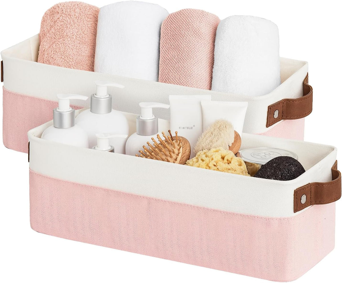 Narrow Fabric Storage Bins, Pink and White, 2-Pack
