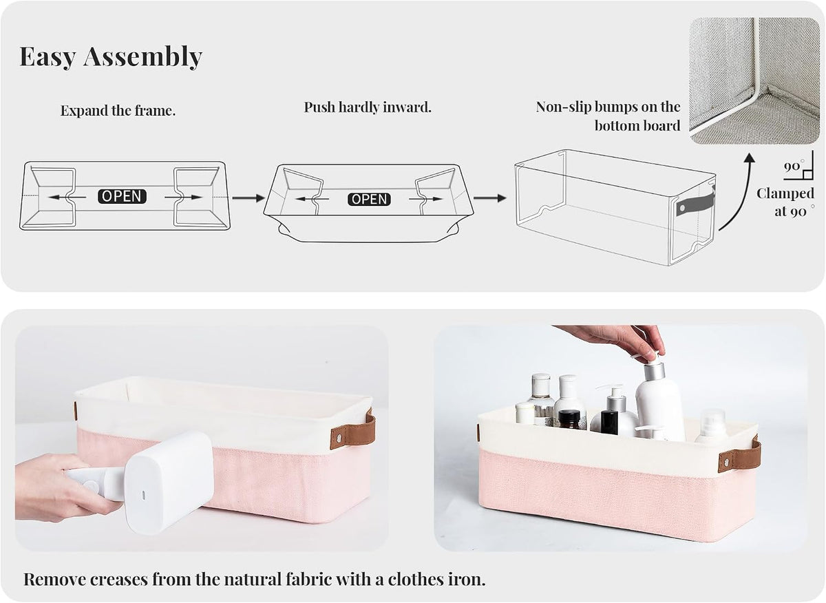 Narrow Fabric Storage Bins, Pink and White, 2-Pack