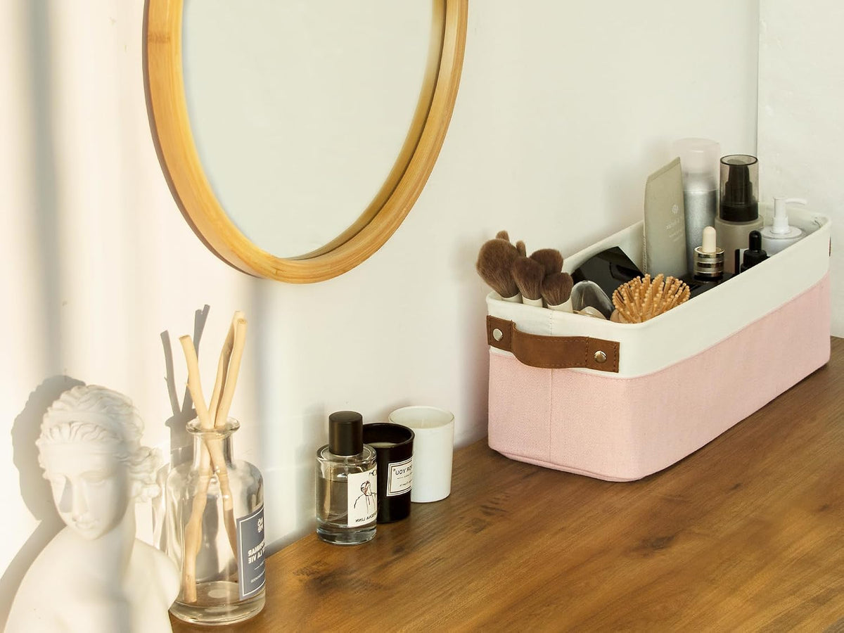 Narrow Fabric Storage Bins, Pink and White, 2-Pack