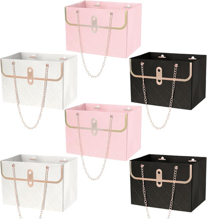 6pcs Flower Paper Gift Box Bouquet Storage Bucket Handbag with Metal Chain Flower Boxes for Arrangements Wedding Valentine's Mother's Day Birthday Bridal Showe