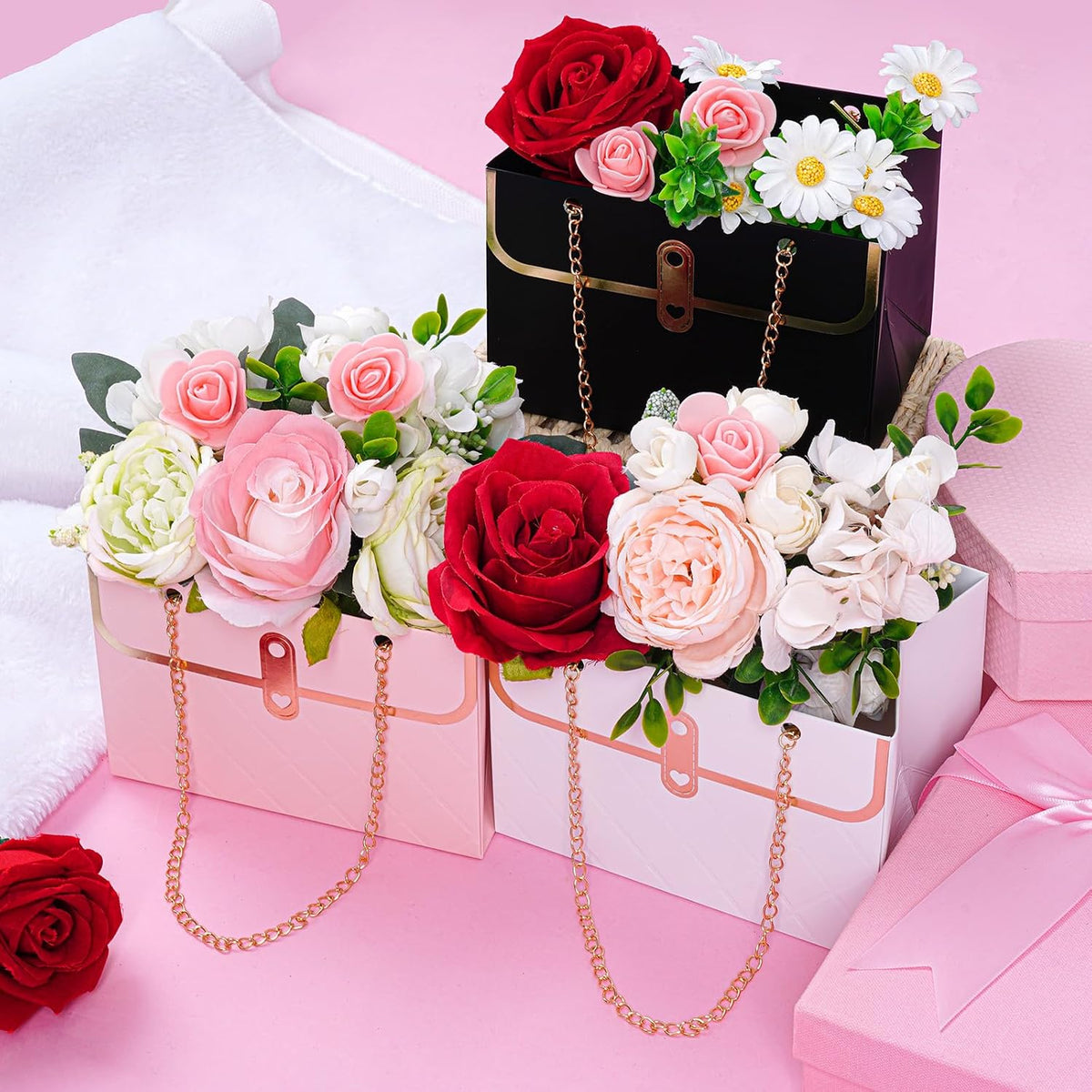 6pcs Flower Paper Gift Box Bouquet Storage Bucket Handbag with Metal Chain Flower Boxes for Arrangements Wedding Valentine's Mother's Day Birthday Bridal Showe