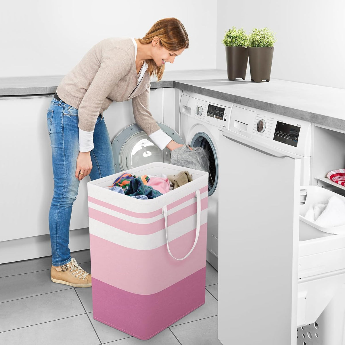 Laundry Basket Hamper, 75L Collapsible Clothes Storage, Pink