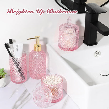 RYTOXILO Pink Bathroom Accessories Set, 4 Pack Pink Bathroom Decor Accessory Sets Complete, Diamond Glass Soap Dispenser and Toothbrush Holder Set for Bath Counter Organizer Essentials
