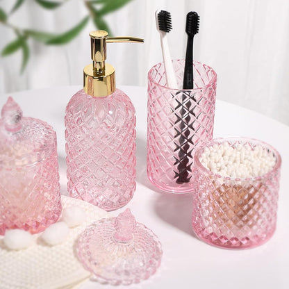 RYTOXILO Pink Bathroom Accessories Set, 4 Pack Pink Bathroom Decor Accessory Sets Complete, Diamond Glass Soap Dispenser and Toothbrush Holder Set for Bath Counter Organizer Essentials