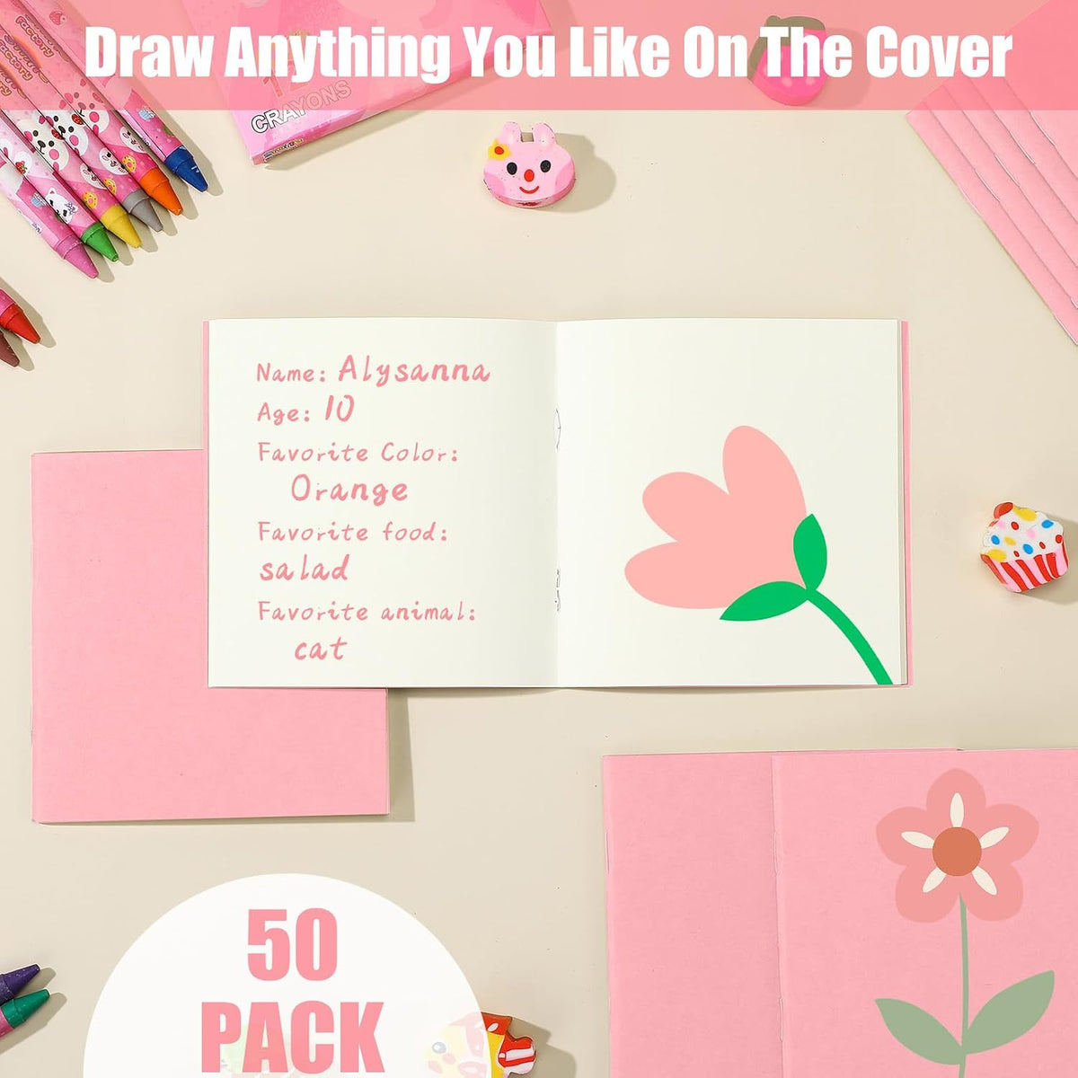 50 Pack Mini Notebooks Bulk 4 x 4 Inch,Pink,Blank Page