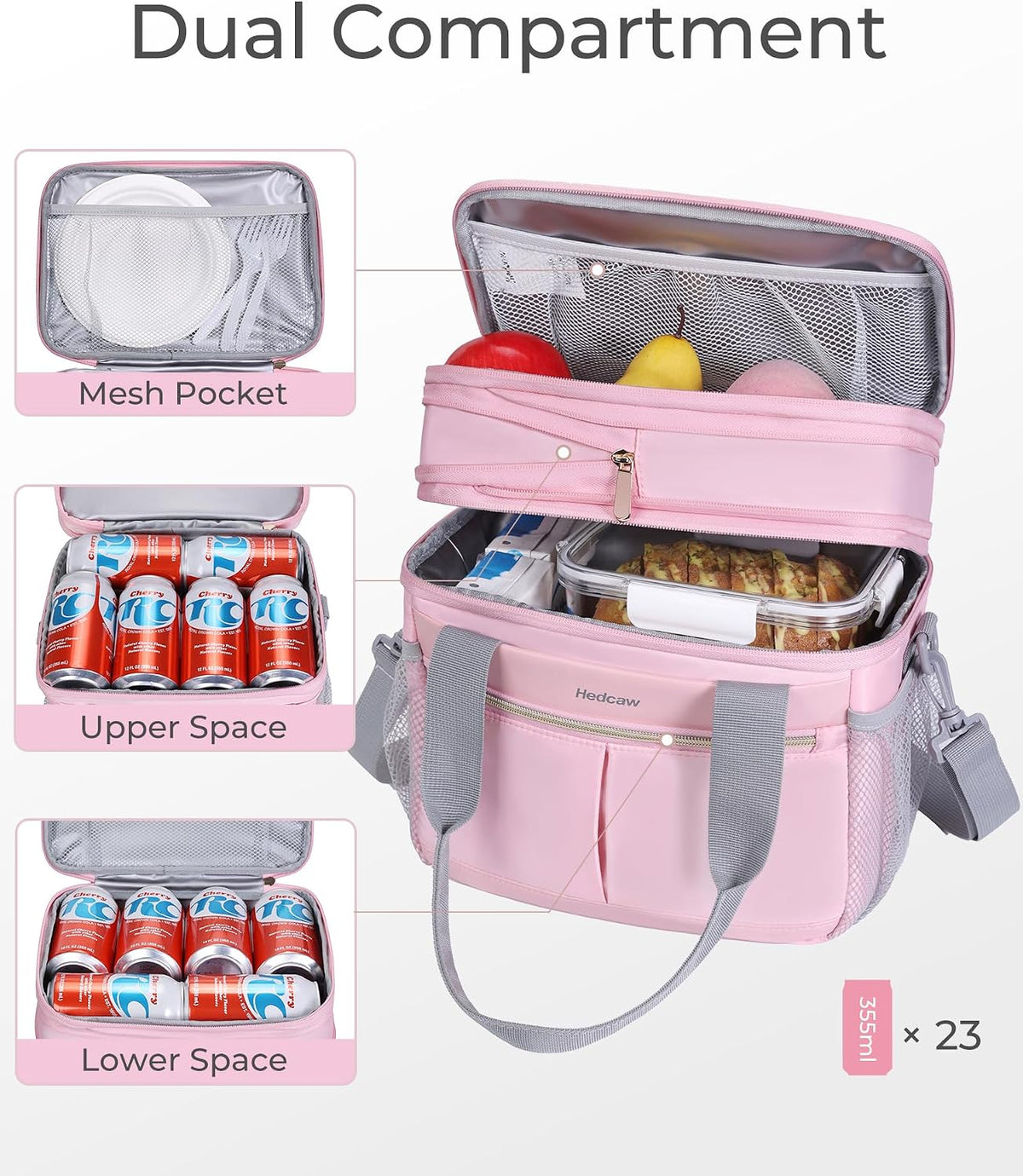 Lunch Box for Women Double Deck Insulated Lunch Bag Women Expandable Leakproof Reusable Lunch Cooler Bag for Work, Office, Picnic, Pink