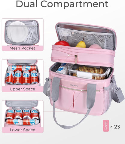 Lunch Box for Women Double Deck Insulated Lunch Bag Women Expandable Leakproof Reusable Lunch Cooler Bag for Work, Office, Picnic, Pink
