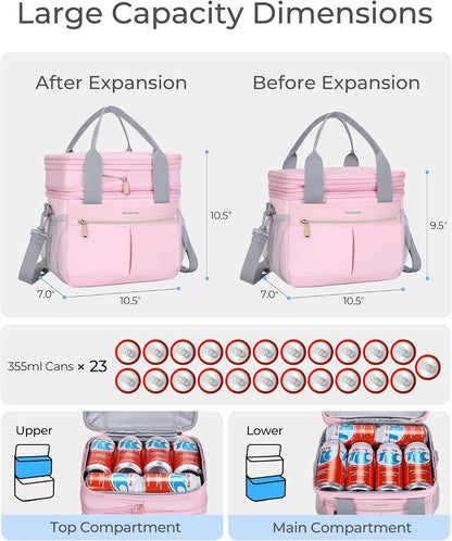 Lunch Box for Women Double Deck Insulated Lunch Bag Women Expandable Leakproof Reusable Lunch Cooler Bag for Work, Office, Picnic, Pink